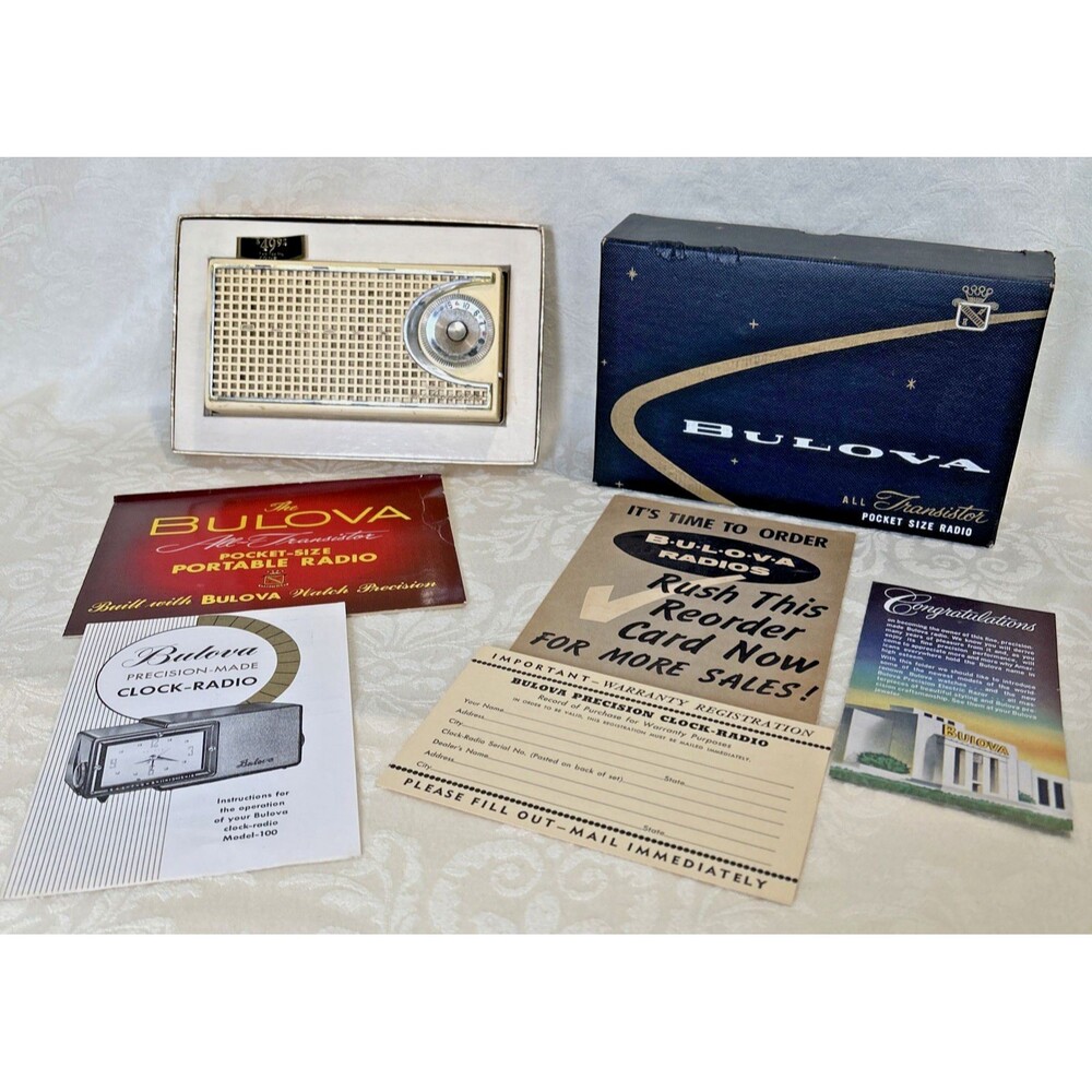 Vintage Bulova 290P All Transistor Pocket Radio Complete Box Manuals - POWERS ON